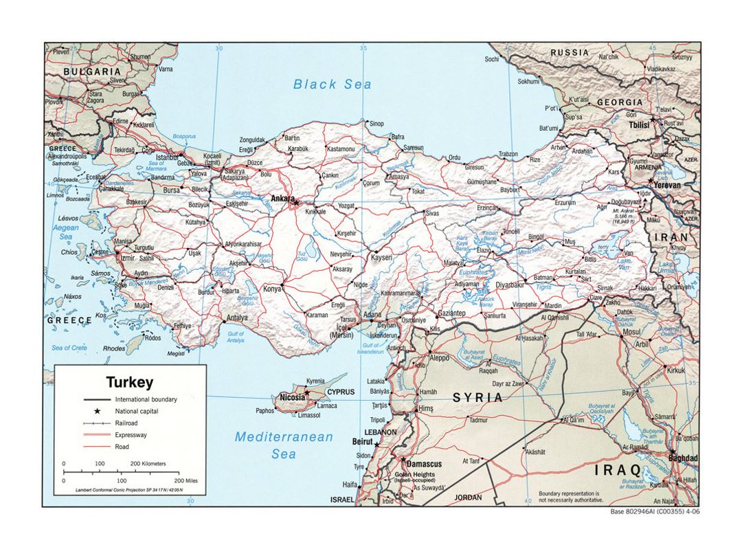 Detailed political map of Turkey with relief, roads, railroads and ...