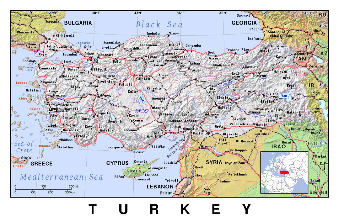 Detailed political map of Turkey with relief