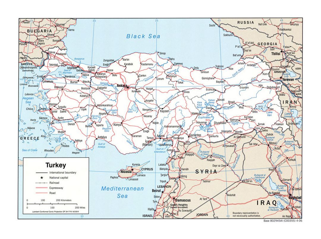 Detailed political map of Turkey with roads, railroads and major cities - 2006