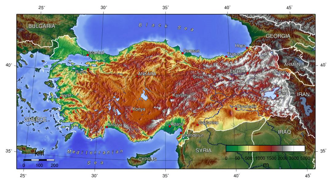 Detailed topographical map of Turkey