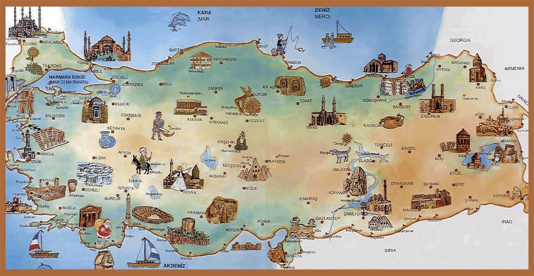 Detailed tourist illustrated map of Turkey