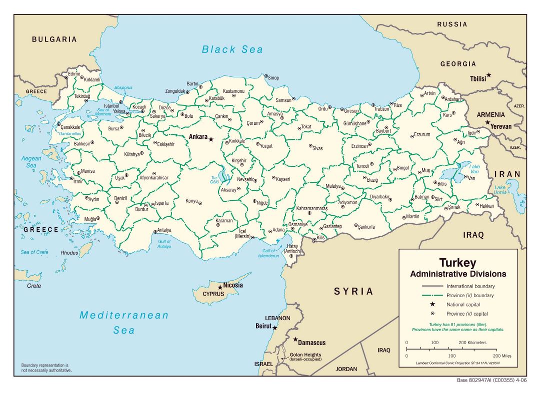 Large administrative divisions map of Turkey - 2006