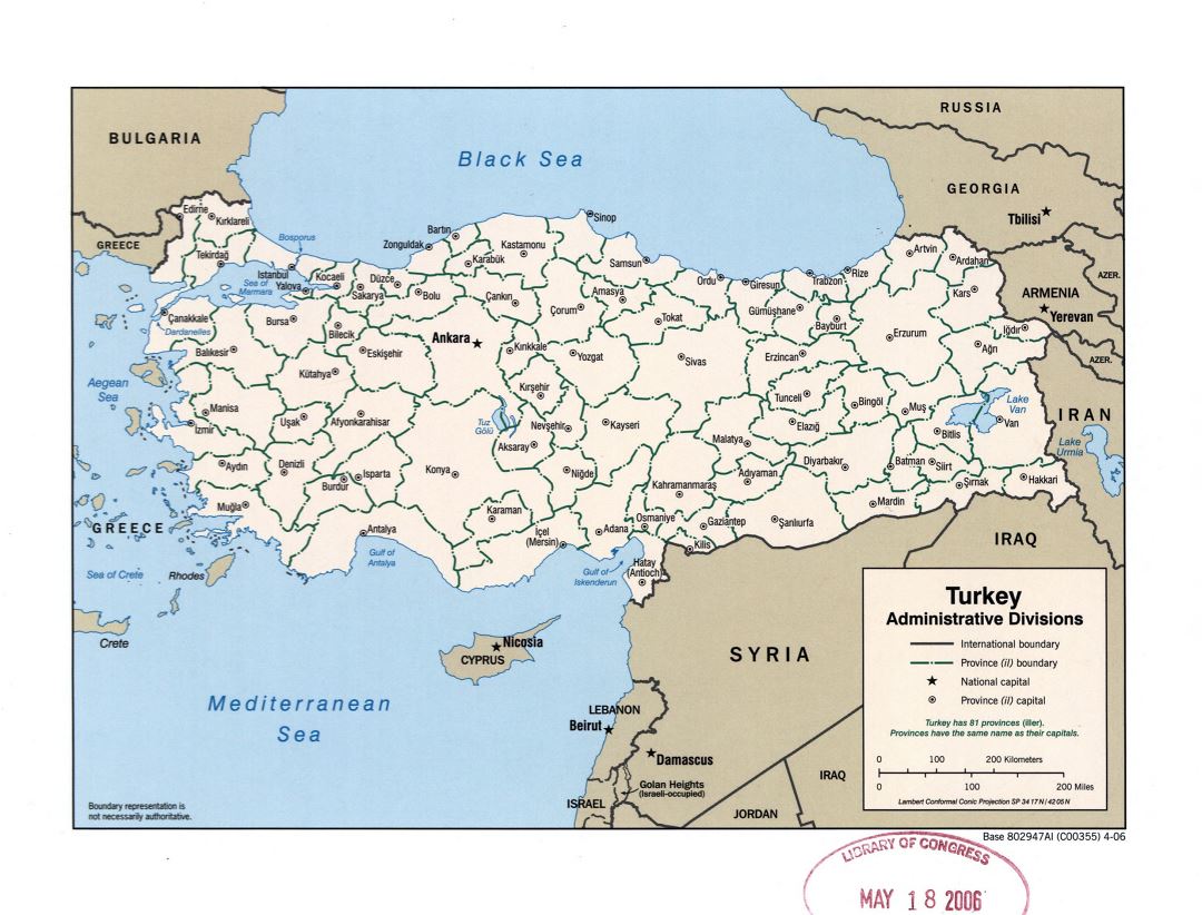 Large detailed administrative divisions map of Turkey - 2006
