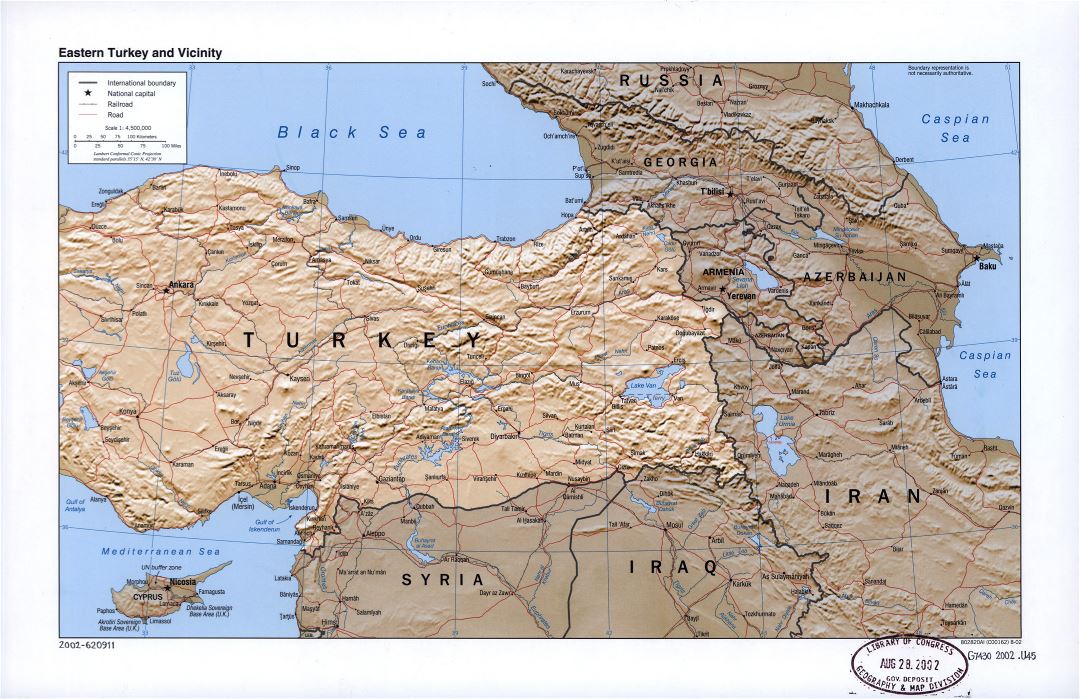 Large detailed political map of Eastern Turkey and vicinity with relief, roads, railroads and cities - 2002