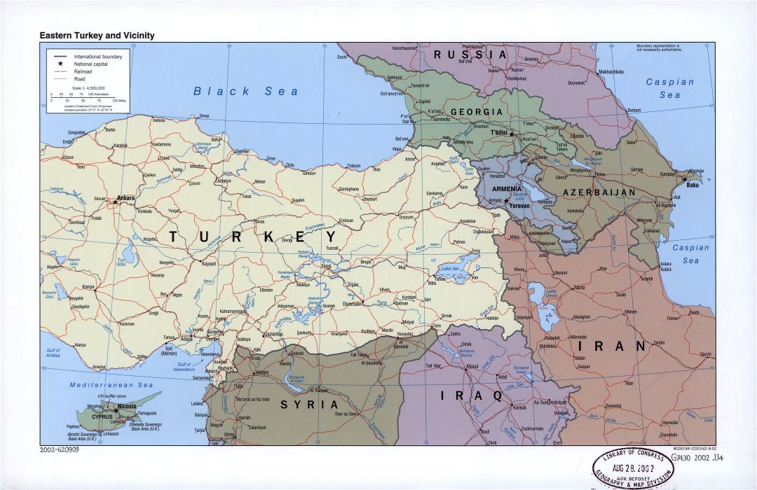 Large detailed political map of Eastern Turkey and vicinity with roads, railroads and cities - 2002