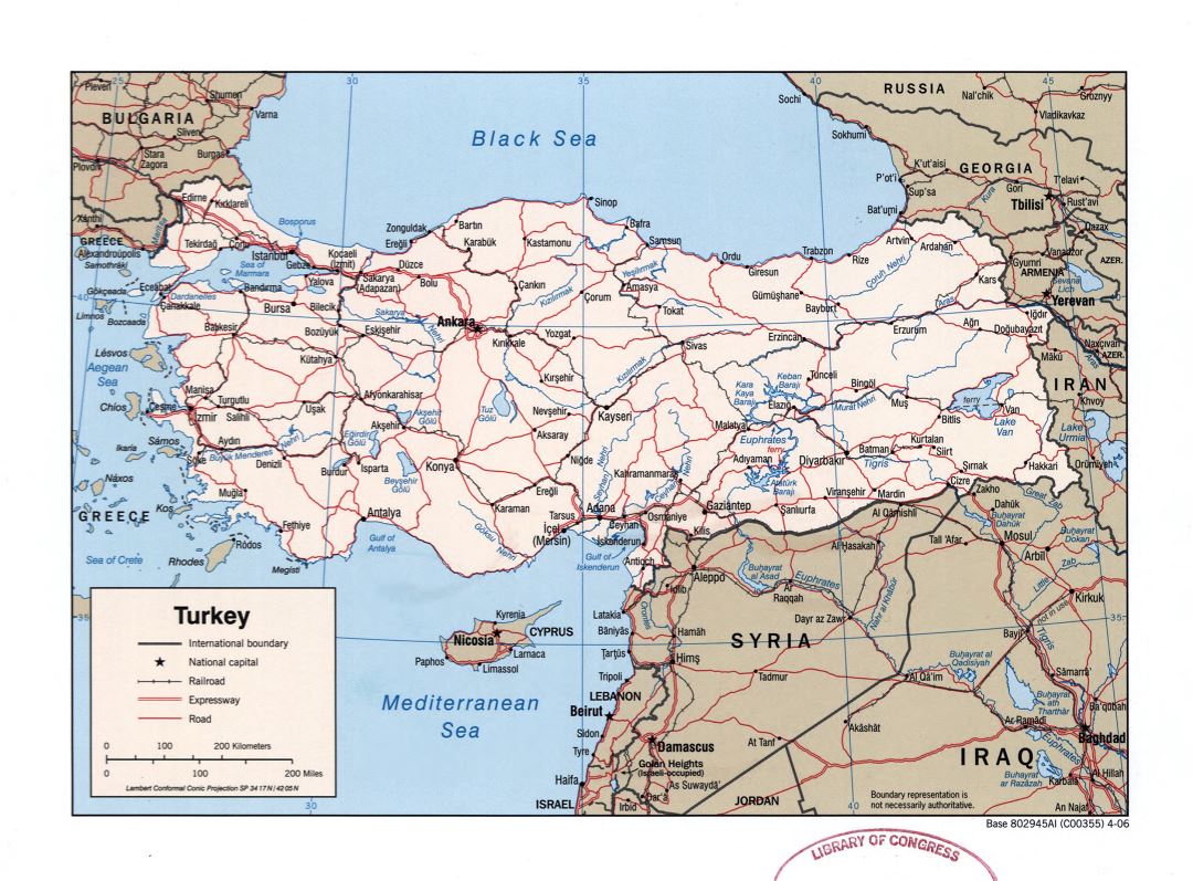 Large detailed political map of Turkey with roads, railroads and major cities - 2006
