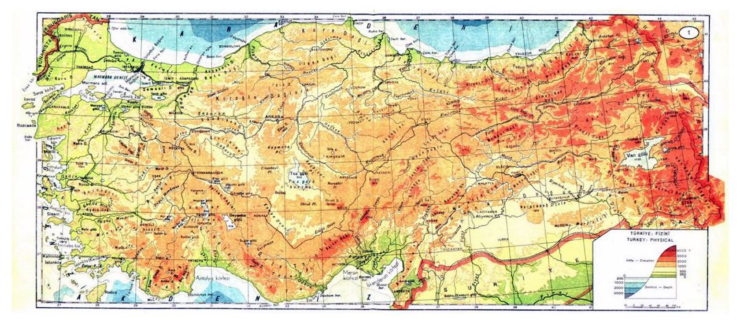 Large physical map of Turkey