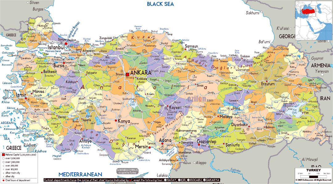 Large political and administrative map of Turkey with roads, cities and airports