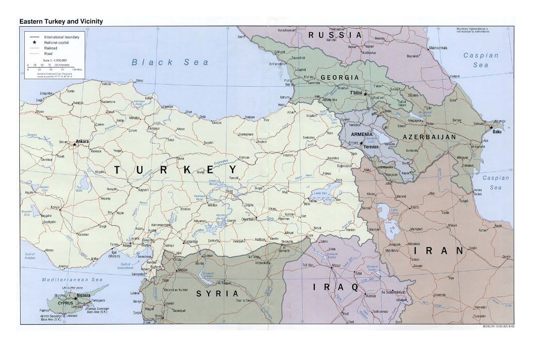 Large political map of Eastern Turkey and vicinity with roads, railroads and cities - 2002