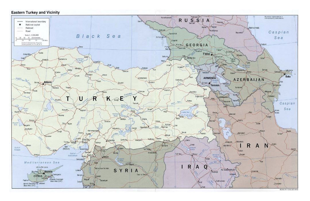 Large political map of Eastern Turkey and vicinity with roads, railroads and cities - 2002