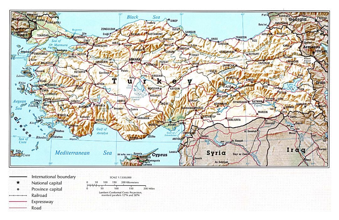 Large political map of Turkey with relief, roads, railroads and major cities - 1993