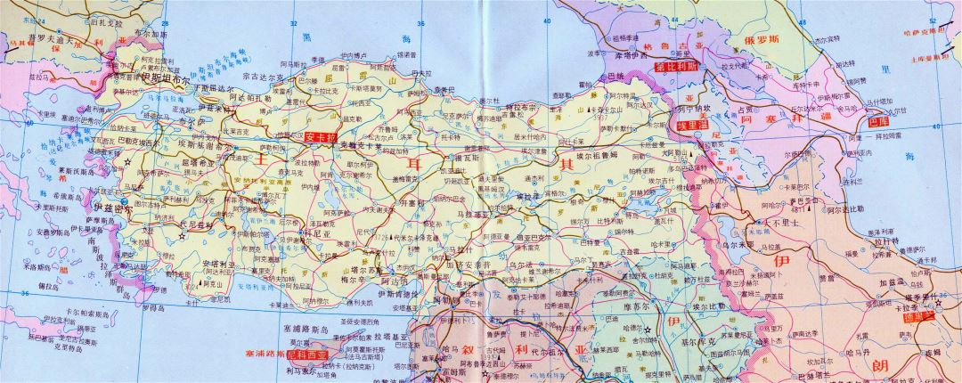 Large political map of Turkey with roads in chinese