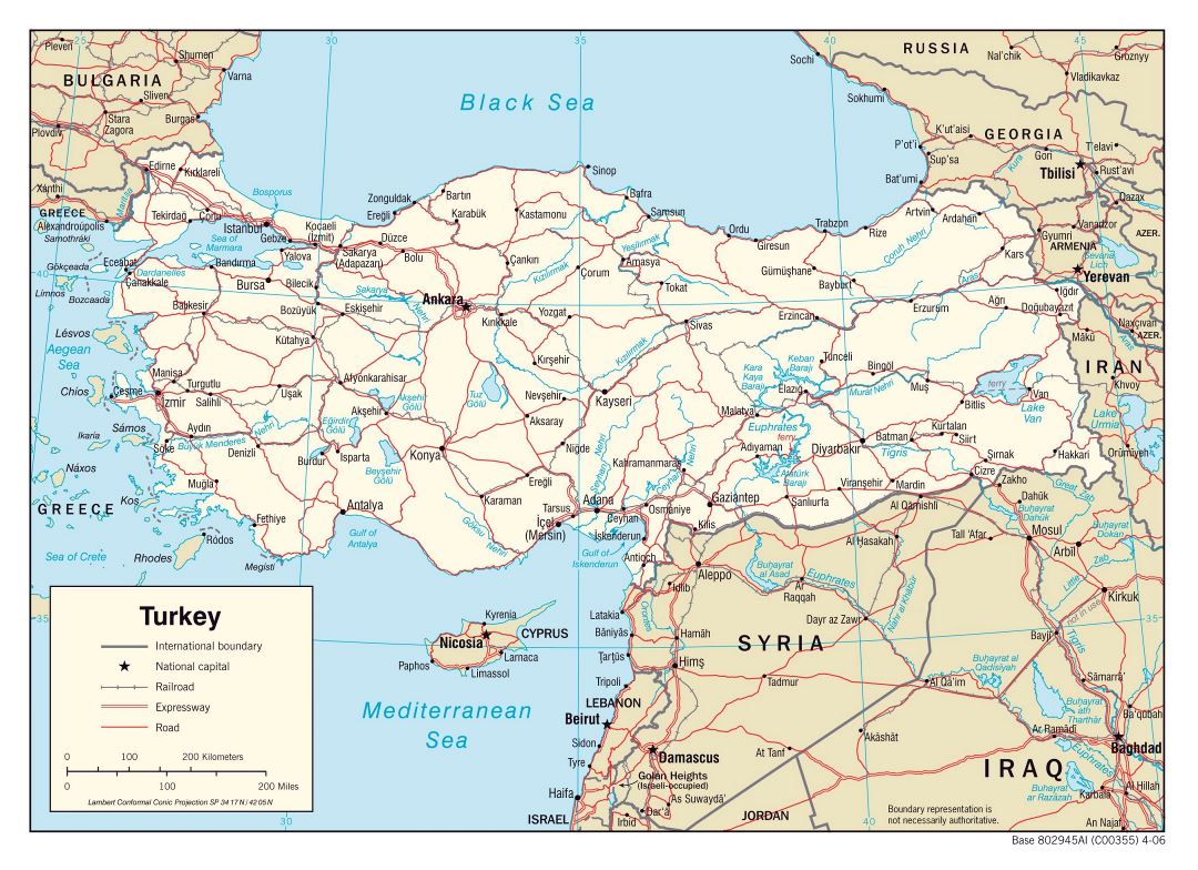 Large political map of Turkey with roads, railroads and major cities - 2006