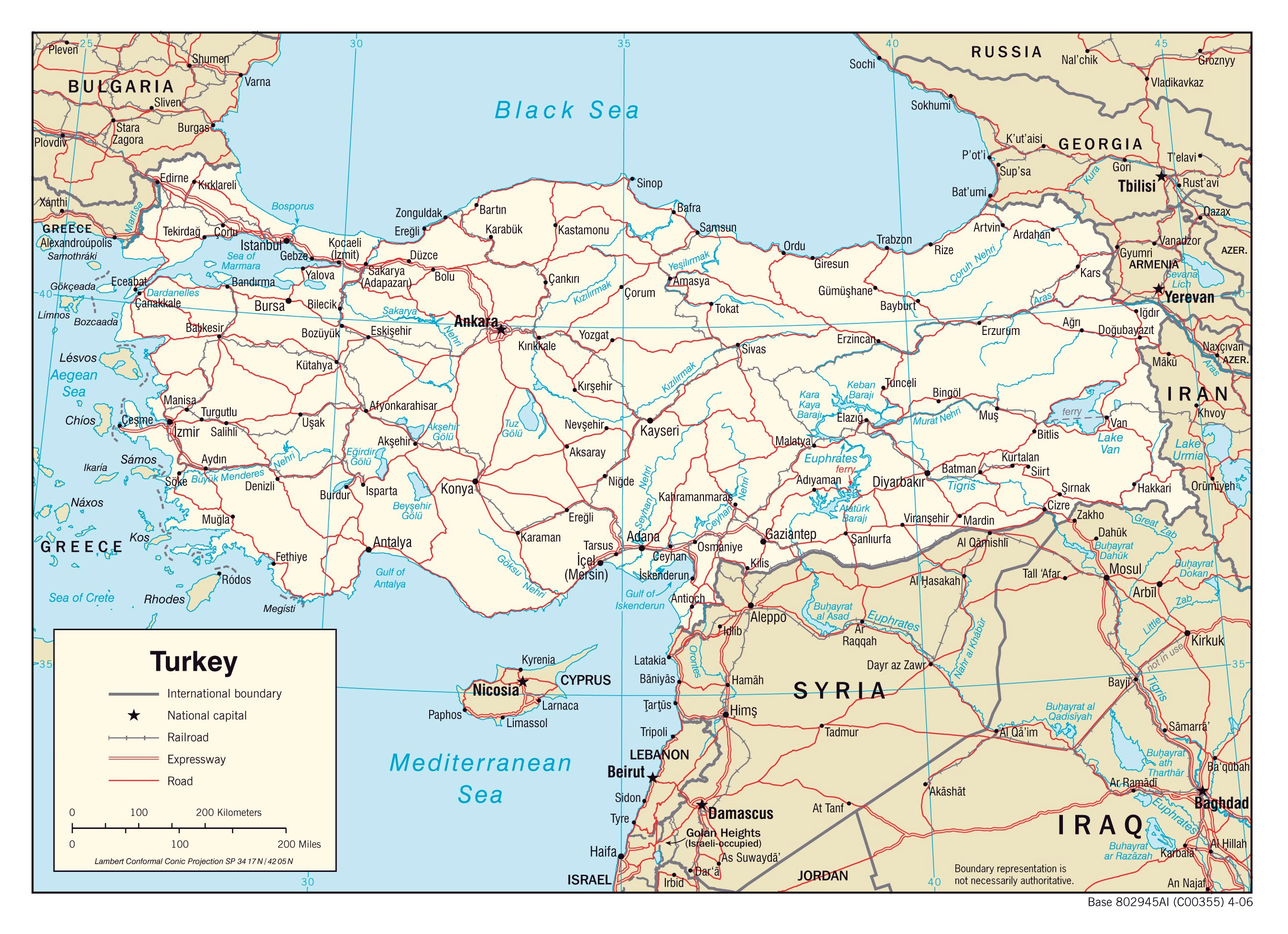 Political Map of Turkey with Roads, Railroads and Major Cities