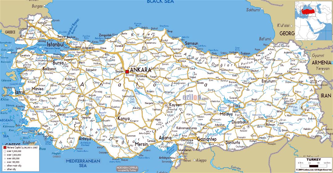 Large road map of Turkey with cities and airports