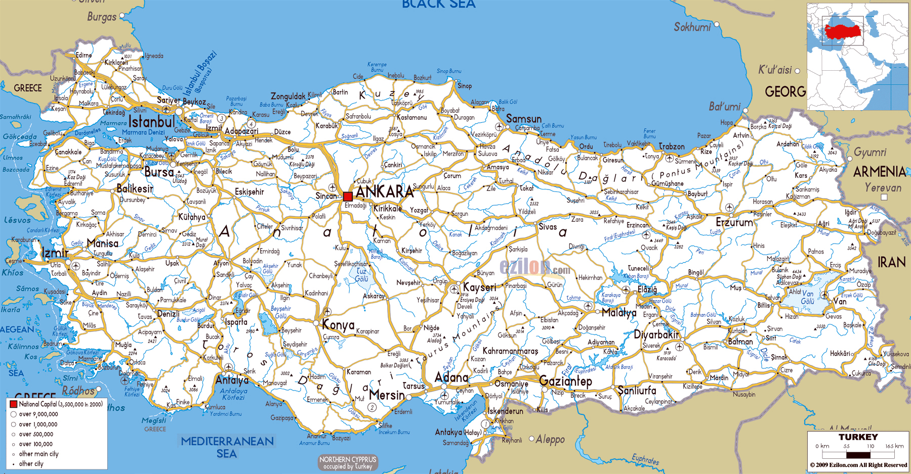 Large road map of Turkey with cities and airports Turkey Asia