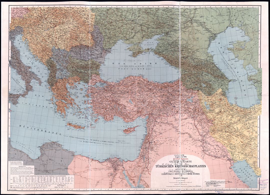 Large scale detailed old political map of Turkey and neighboring countries with relief, cities and other marks - 1916