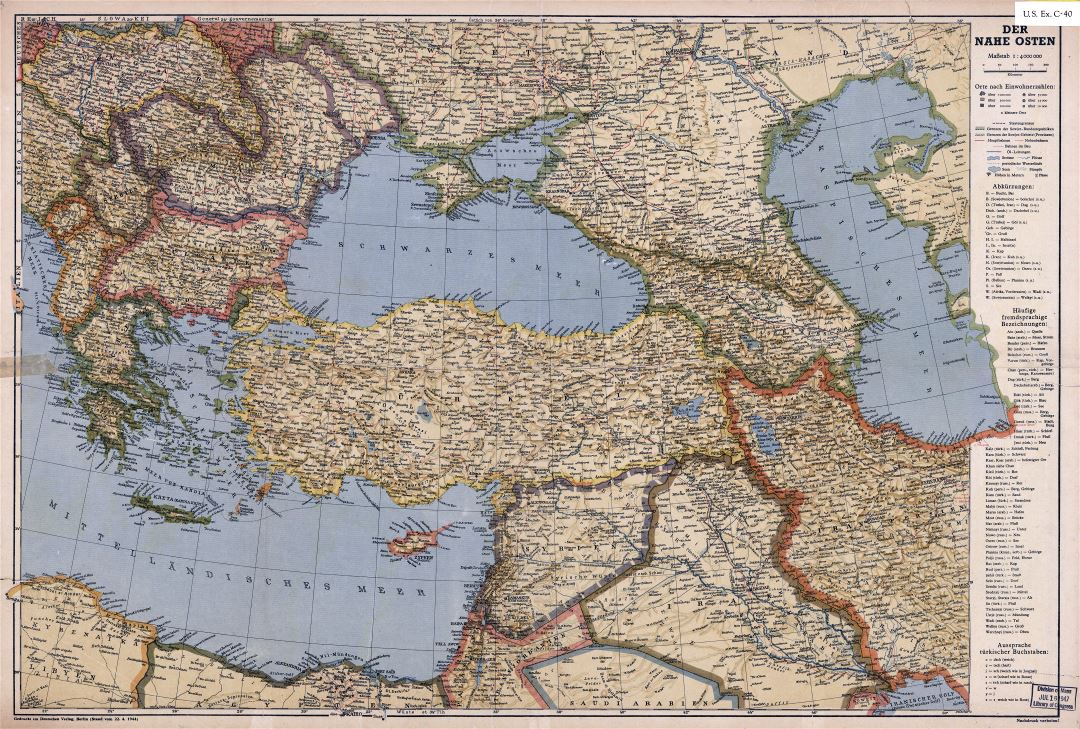 Large scale detailed old political map of Turkey and neighboring countries with relief, cities and other marks - 1944