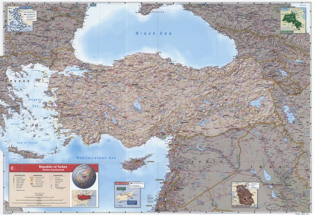 Large scale detailed political and administrative map of Turkey with relief, roads, railroads, all cities, ports and airports - 2002