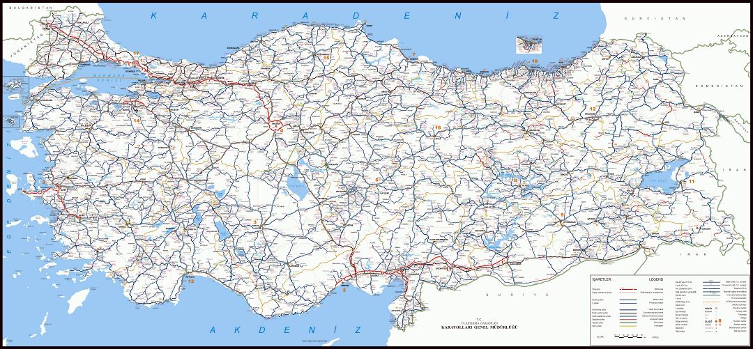 Large scale road map of Turkey with all cities