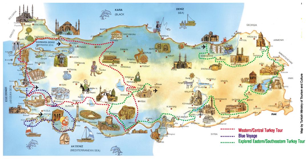 Large travel map of Turkey