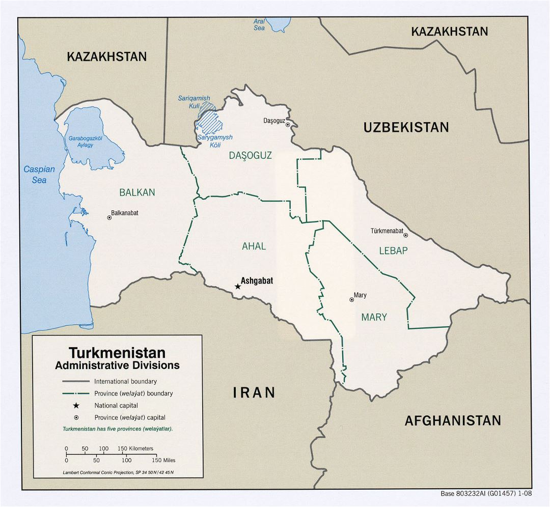 Detailed administrative divisions map of Turkmenistan - 2008