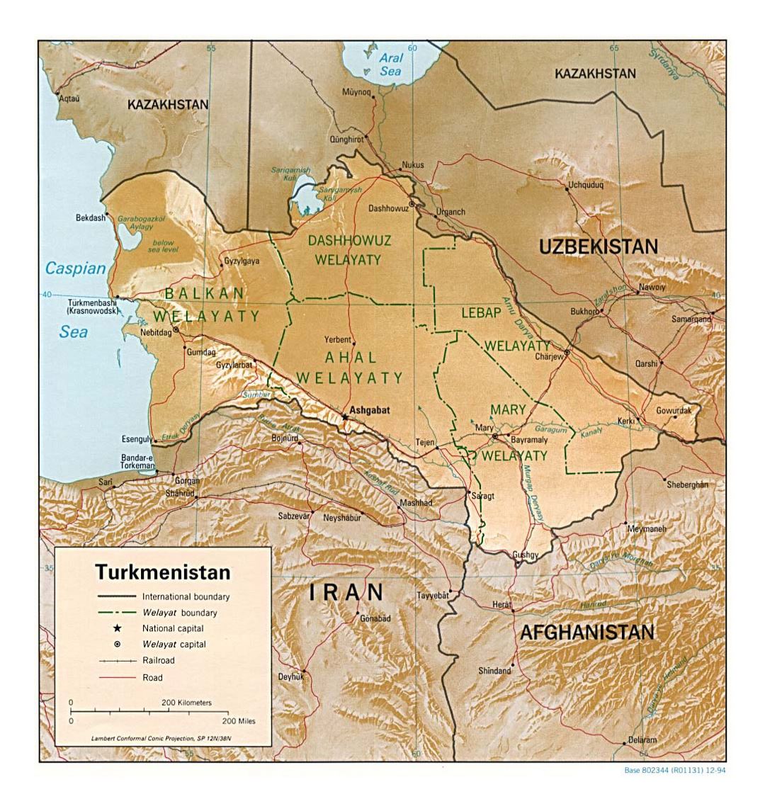 Detailed political and administrative map of Turkmenistan with relief, roads, railroads and major cities - 1994