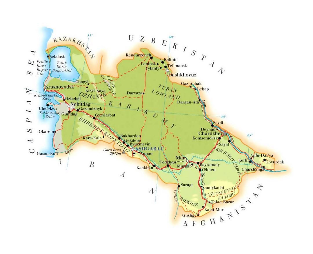 Elevation map of Turkmenistan with roads, railroads, cities and airports