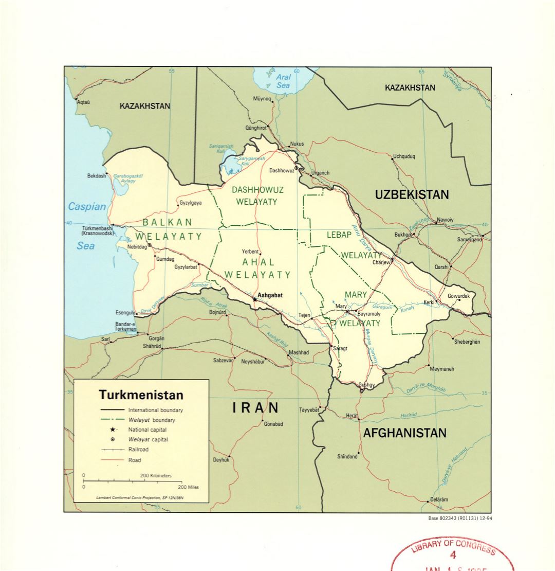 Large detailed political and administrative map of Turkmenistan with roads, railroads and major cities - 1994