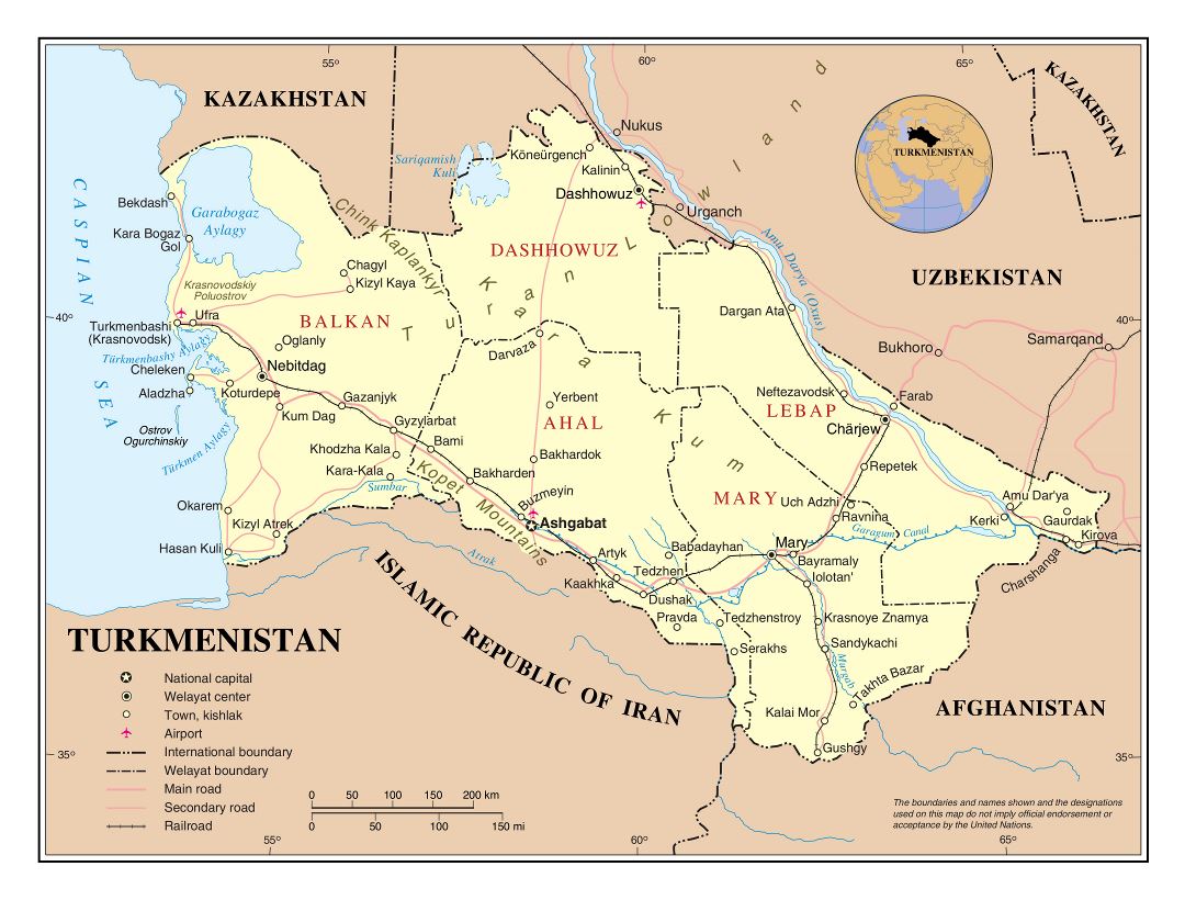 Large detailed political and administrative map of Turkmenistan with roads, railroads, major cities and airports