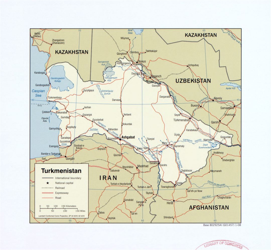 Large detailed political map of Turkmenistan with roads, railroads and major cities - 2008