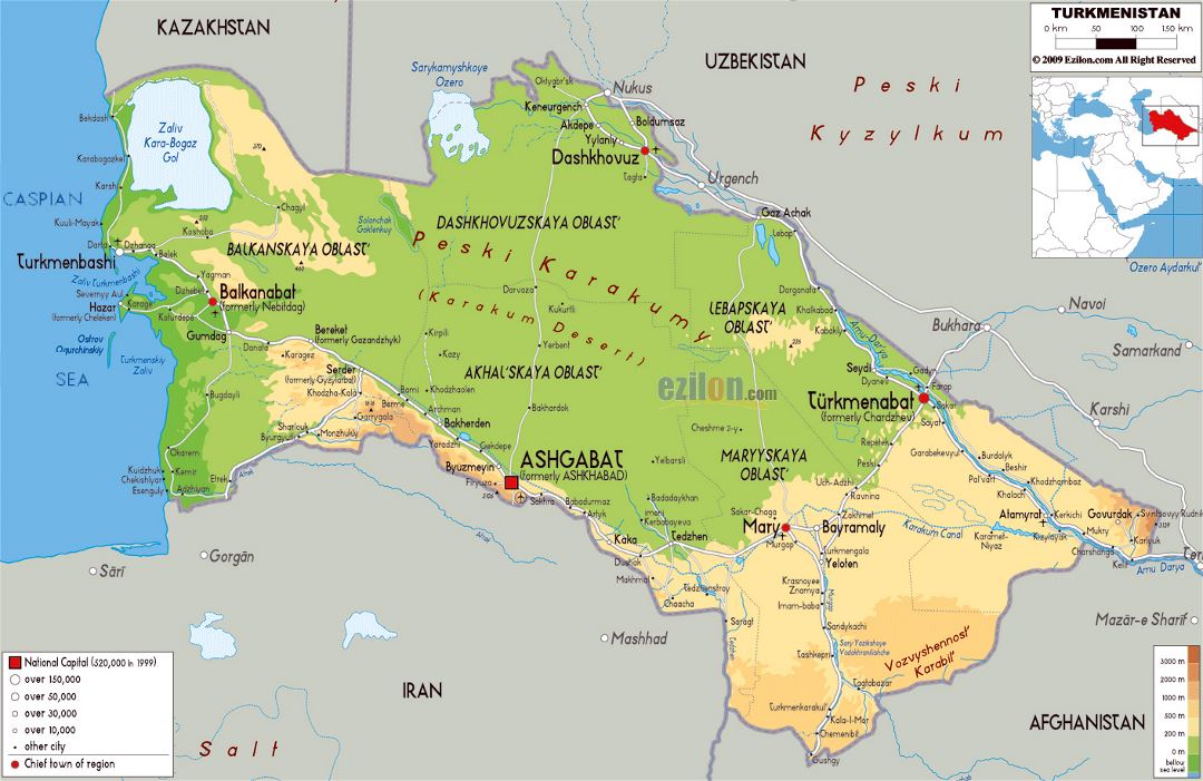 Large physical map of Turkmenistan with roads, cities and airports