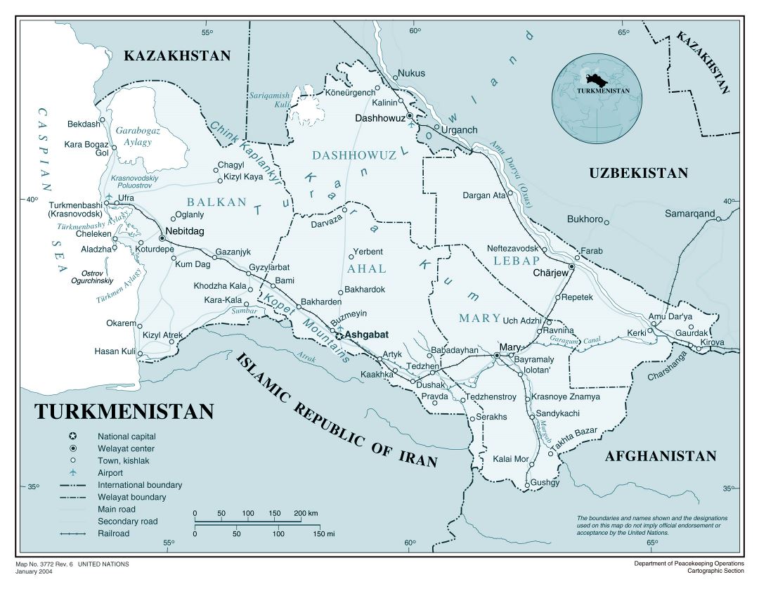 Large political and administrative map of Turkmenistan with roads, railroads, major cities and airports