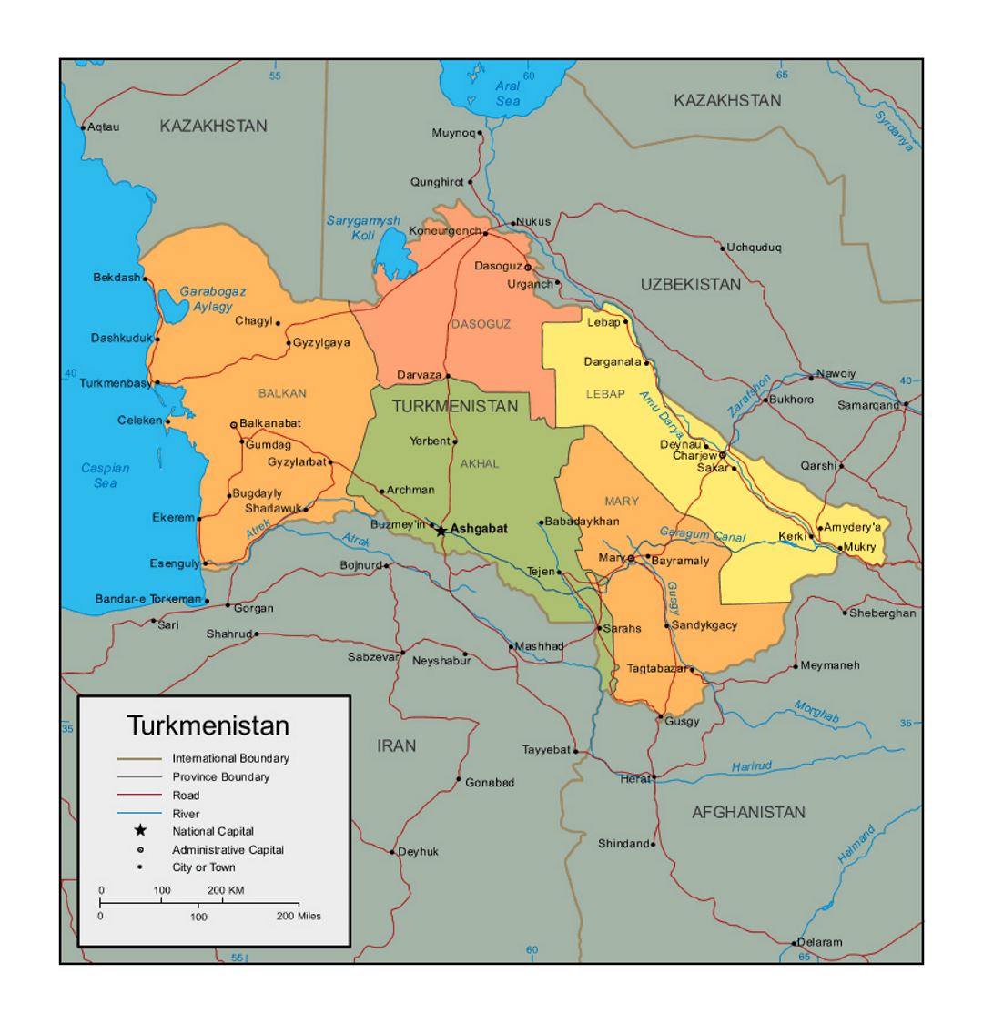 Political and administrative map of Turkmenistan with roads and cities