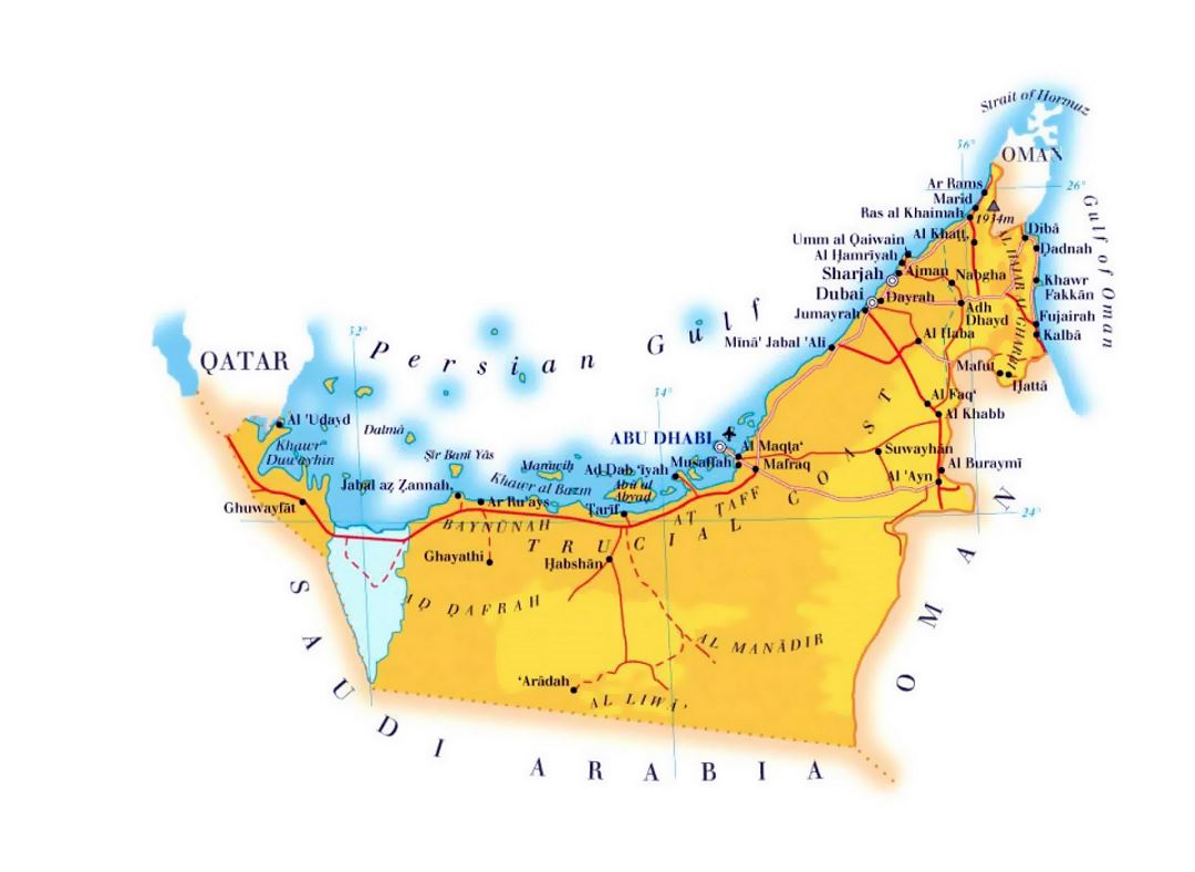 Detailed elevation map of UAE with roads, cities and airports