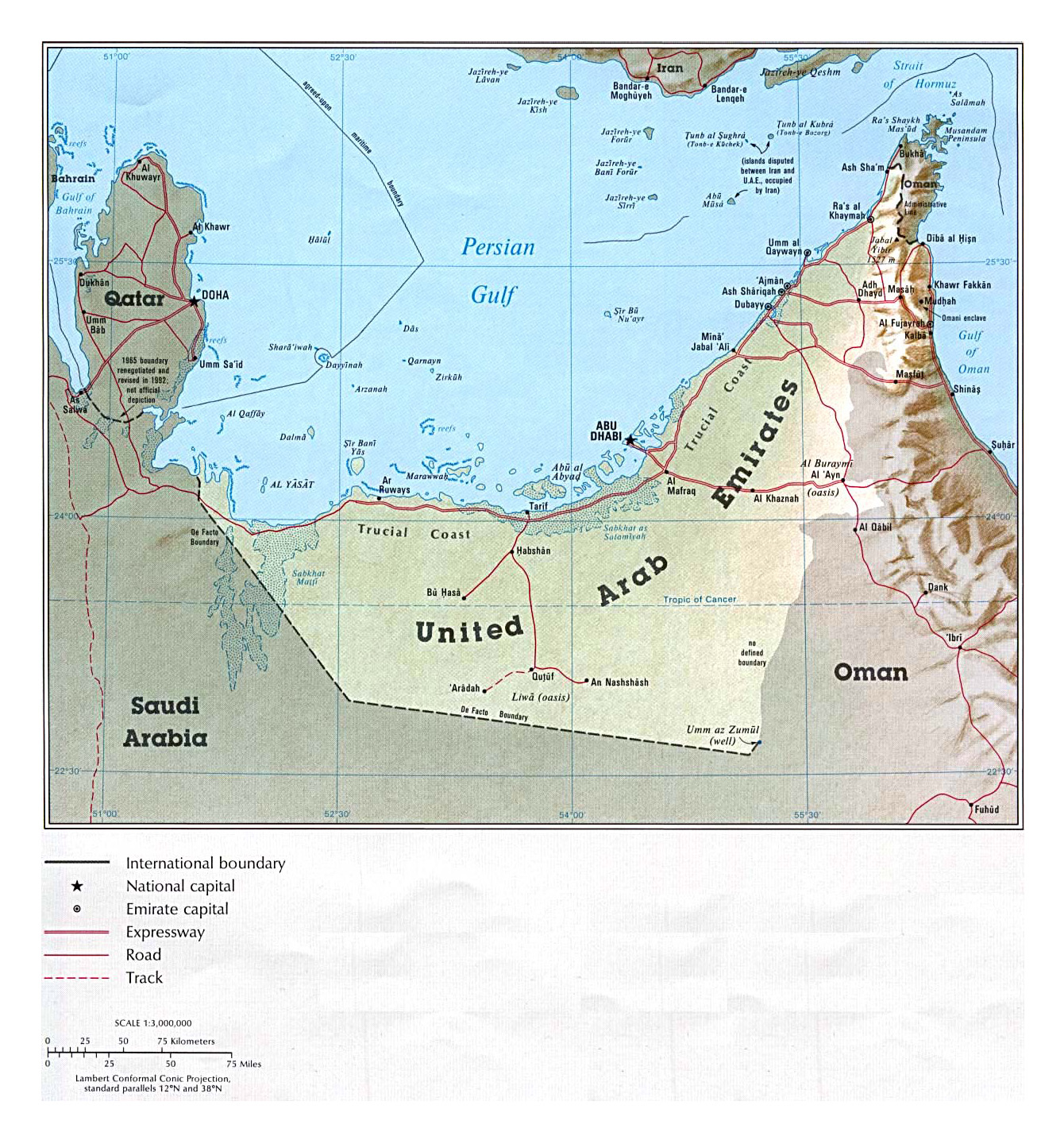 Detailed political map of UAE with relief, roads and cities - 1993 ...