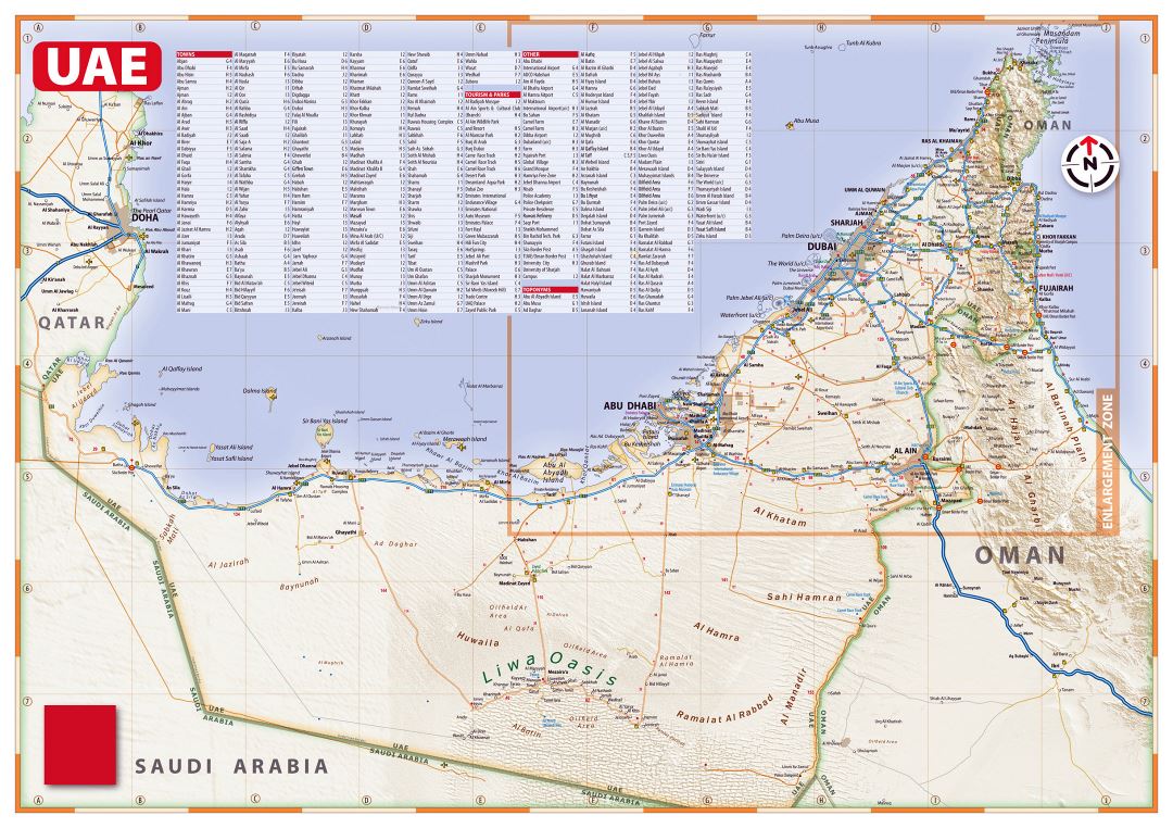 Detailed road map of UAE with relief, all cities and other marks