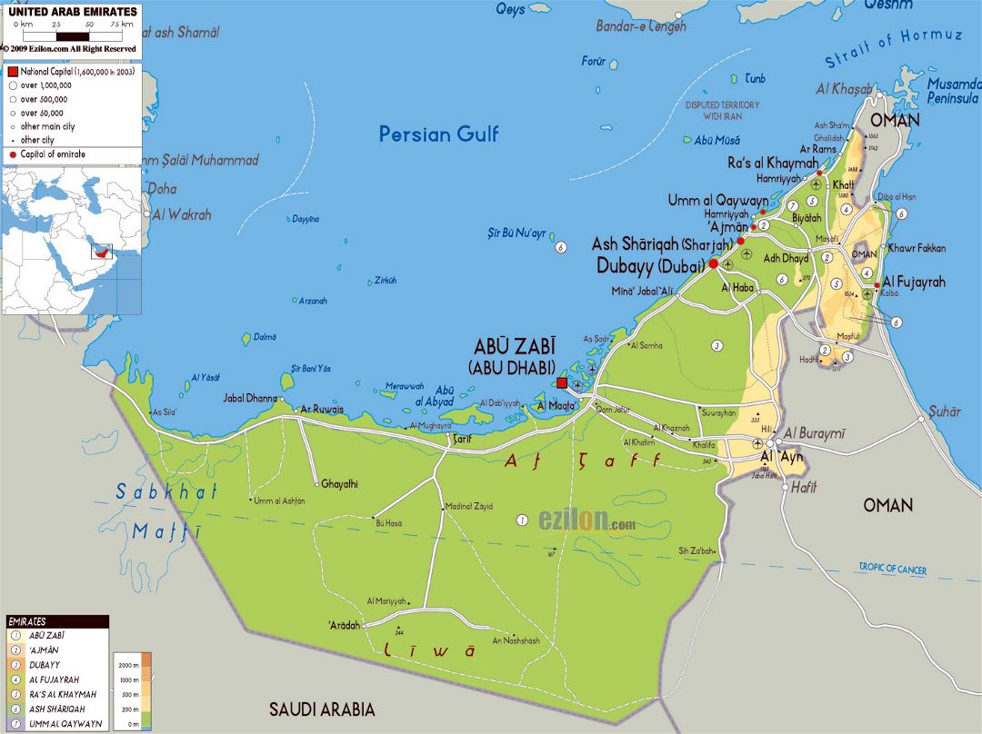 Detailed Physical Map Of Uae With Roads Cities And Airports Vidiani ...