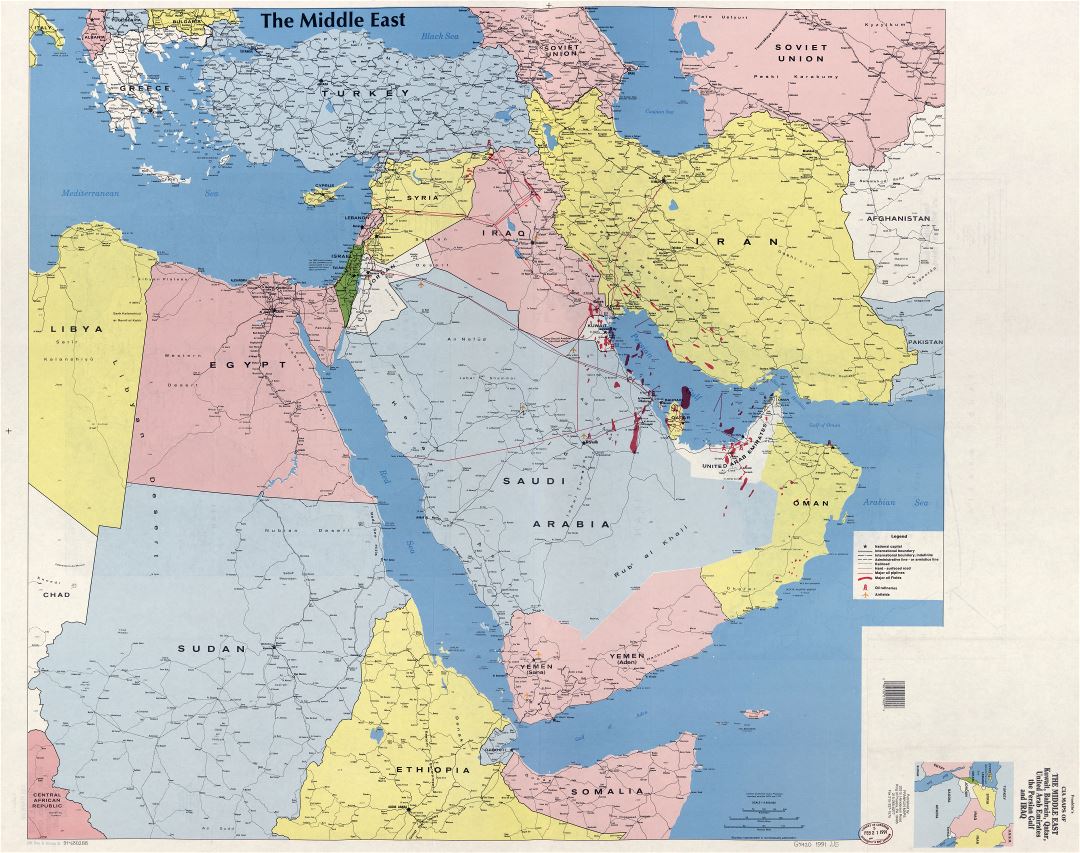 Large scale detailed map of the Middle East, Kuwait, Bahrain, Qatar, United Arab Emirates, the Persian Gulf and Iraq - 1991