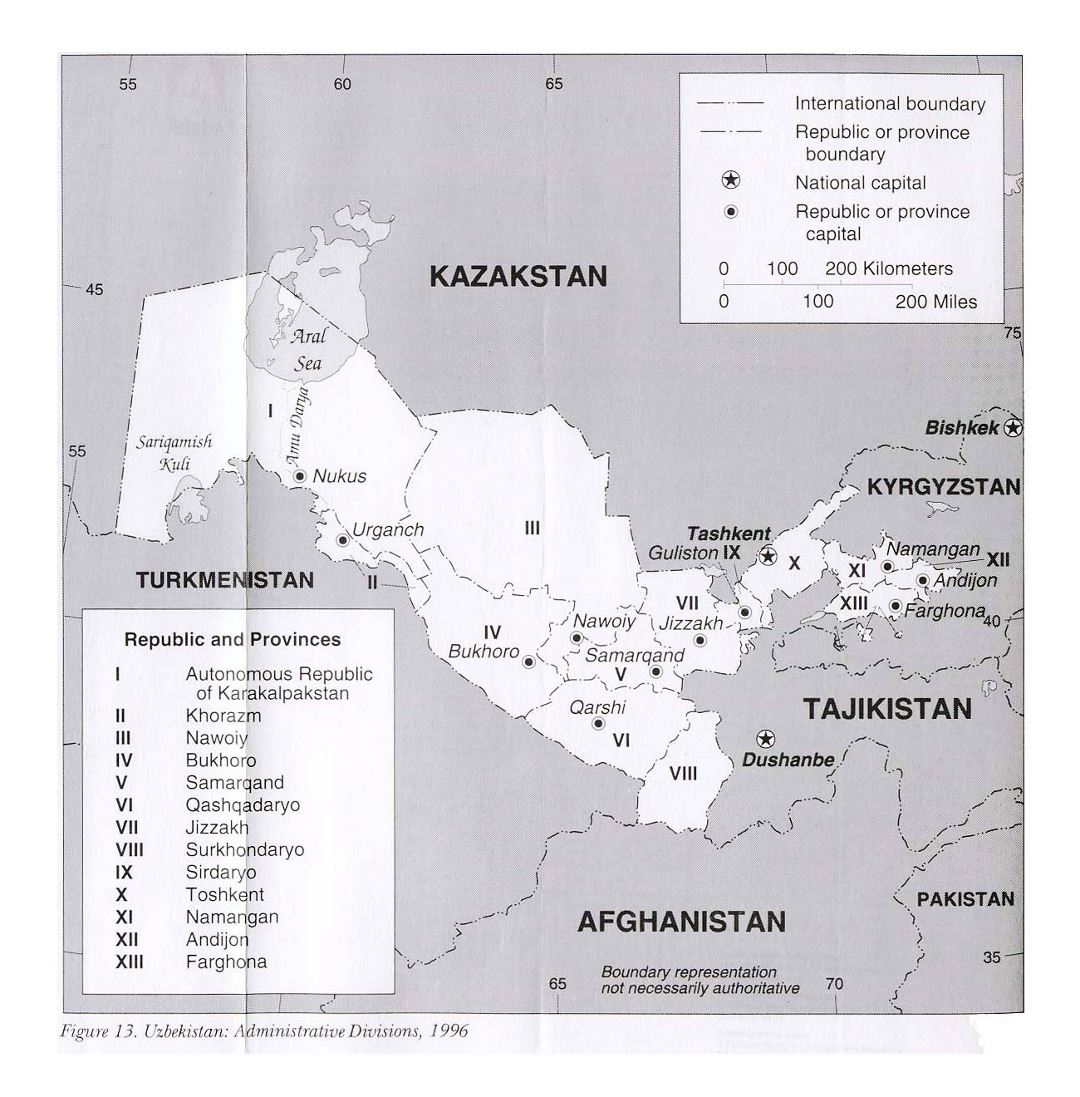 Detailed administrative divisions map of Uzbekistan - 1996