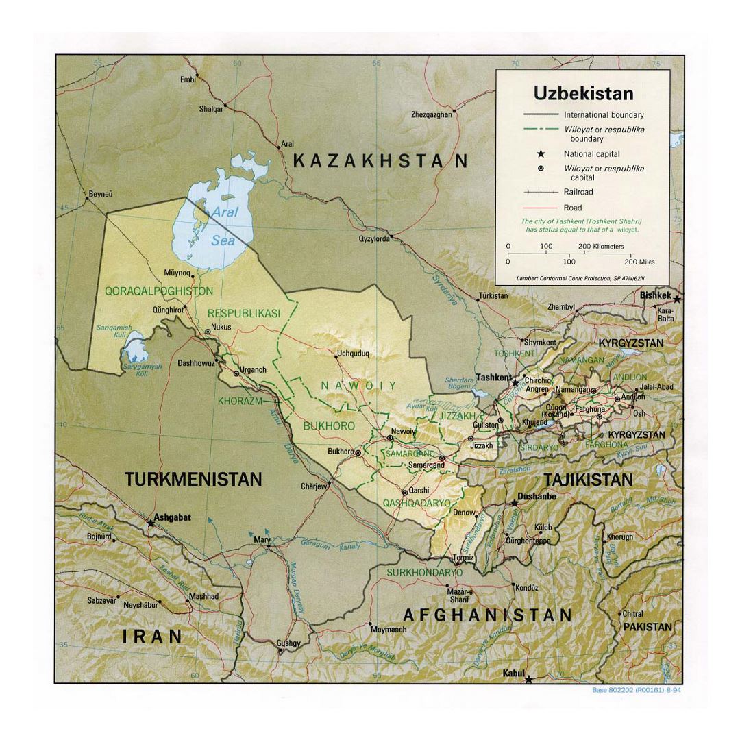 Detailed political and administrative map of Uzbekistan with relief, roads, railroads and major cities - 1994
