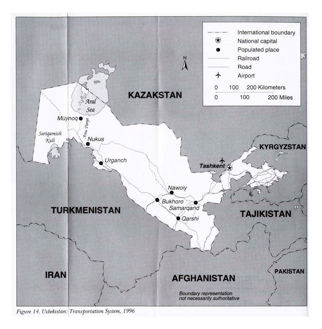 Detailed transportation system map of Uzbekistan - 1996
