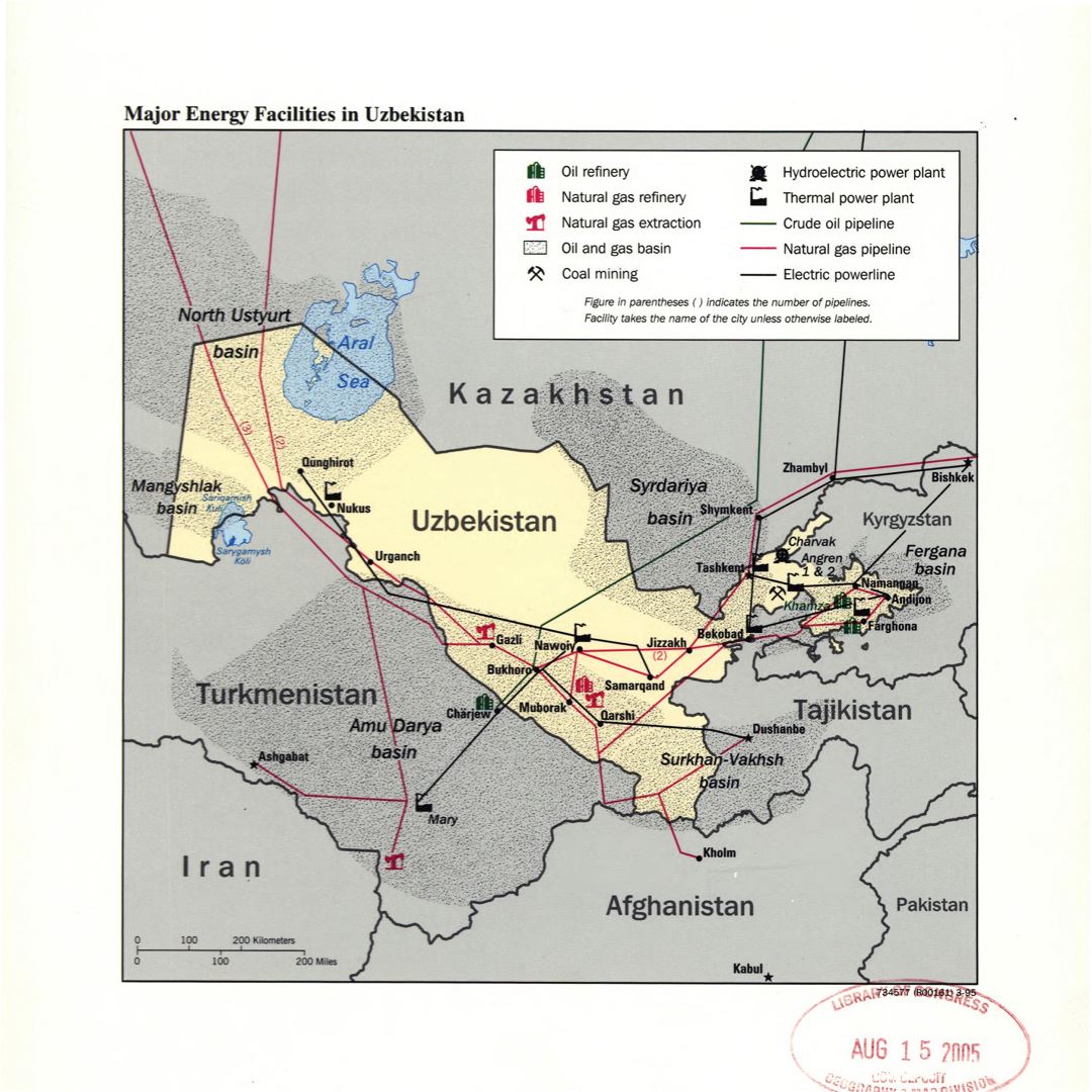 Large detailed major energy facilities map of Uzbekistan - 1995