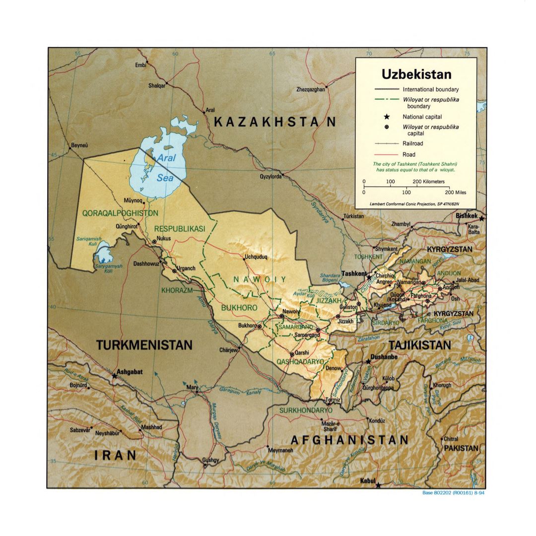 Large detailed political and administrative map of Uzbekistan with relief, roads, railroads and major cities - 1994