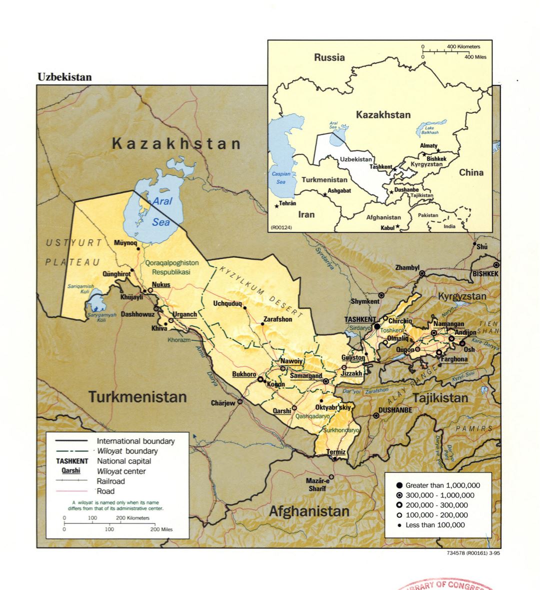 Large detailed political and administrative map of Uzbekistan with relief, roads, railroads and major cities - 1995