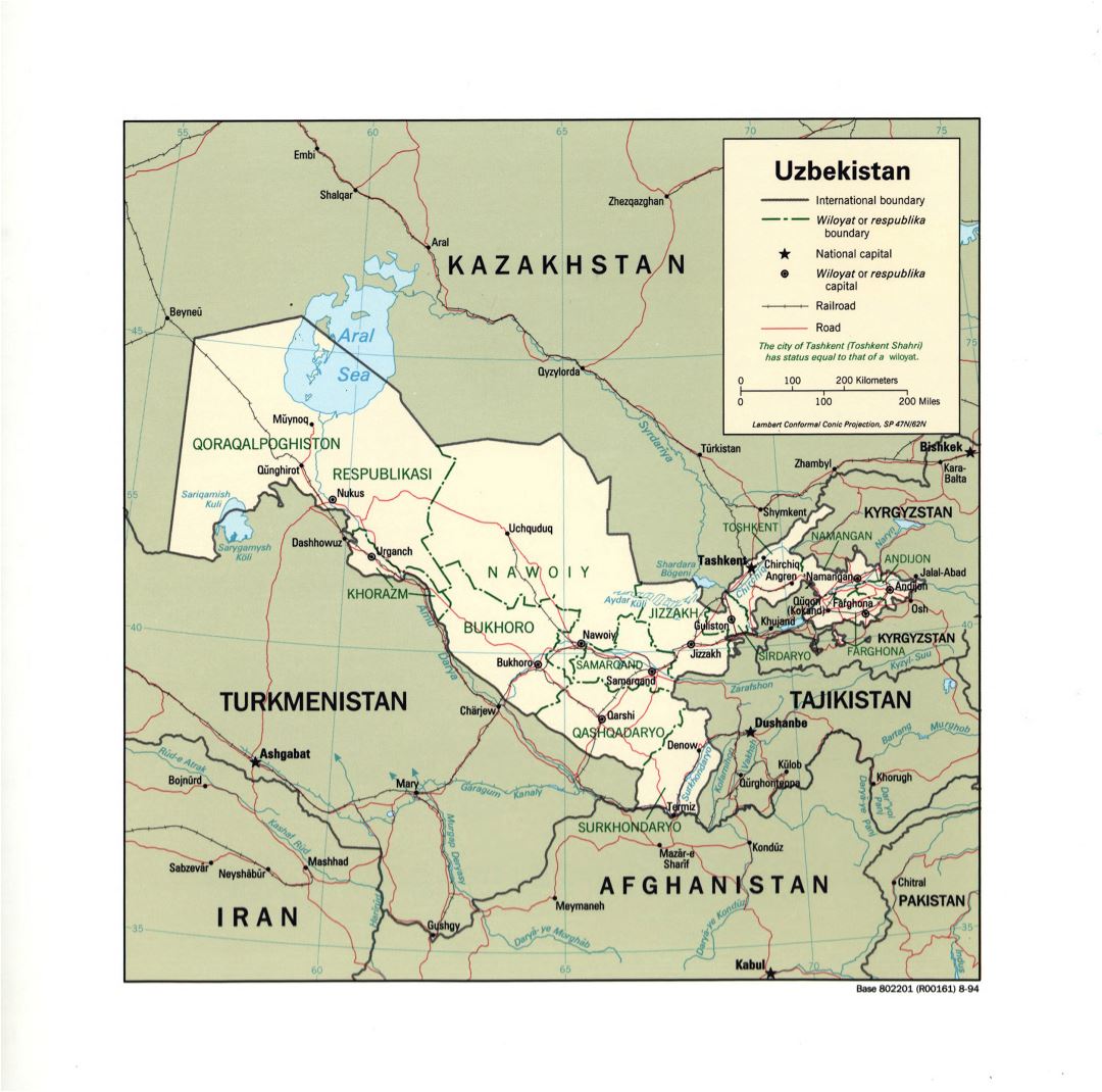 Large detailed political and administrative map of Uzbekistan with roads, railroads and major cities - 1994