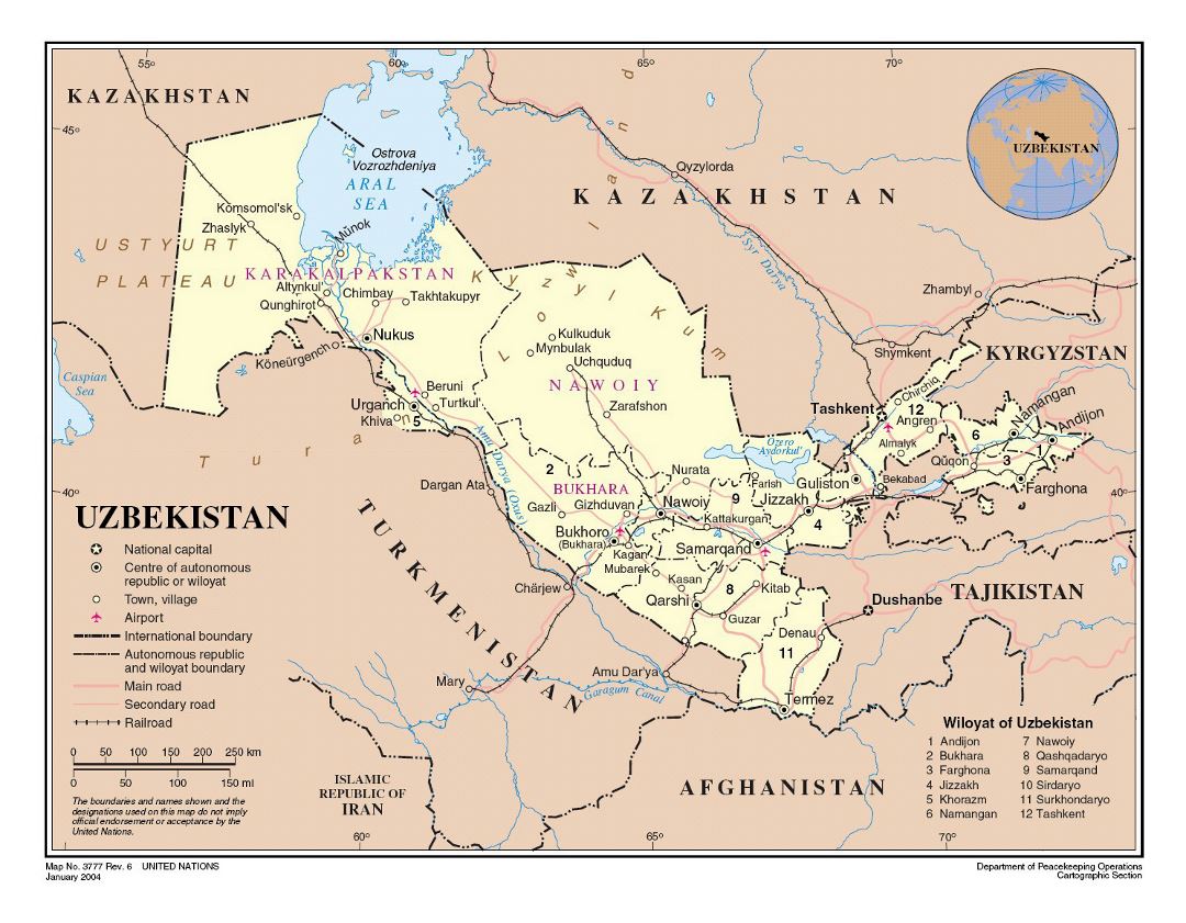 Large detailed political and administrative map of Uzbekistan with roads, railroads, cities and airports
