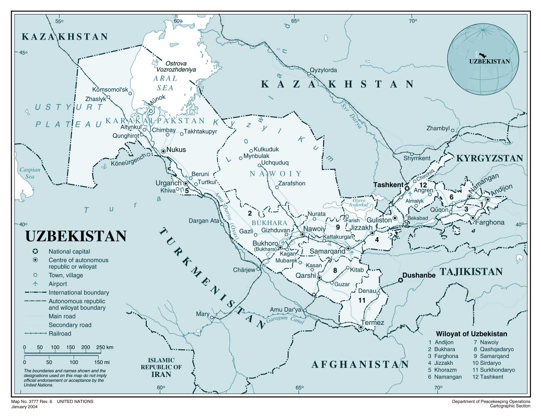 Large detailed political and administrative map of Uzbekistan with roads, railroads, major cities and airports