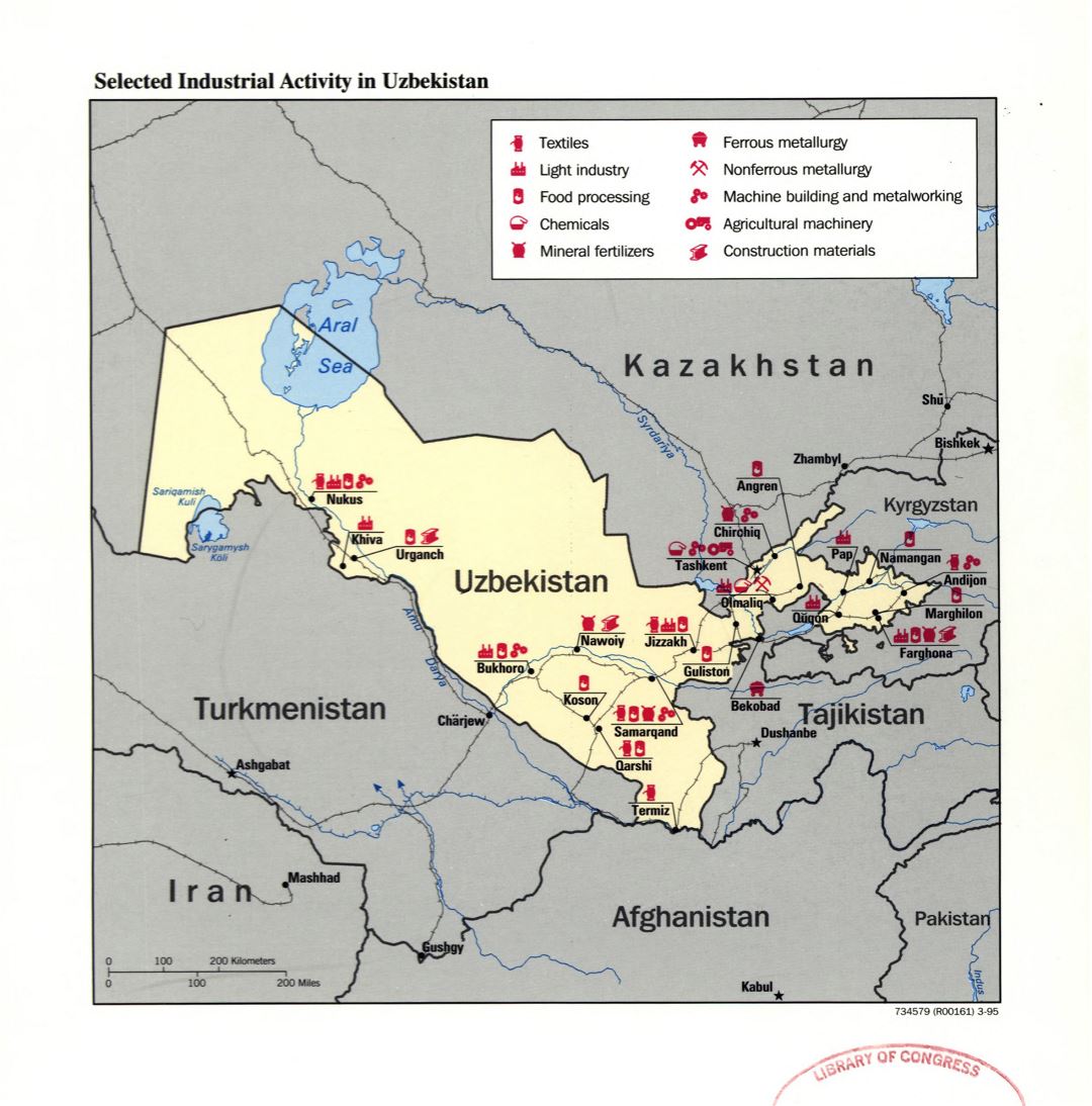 Large detailed selected industrial activity map of Uzbekistan - 1995