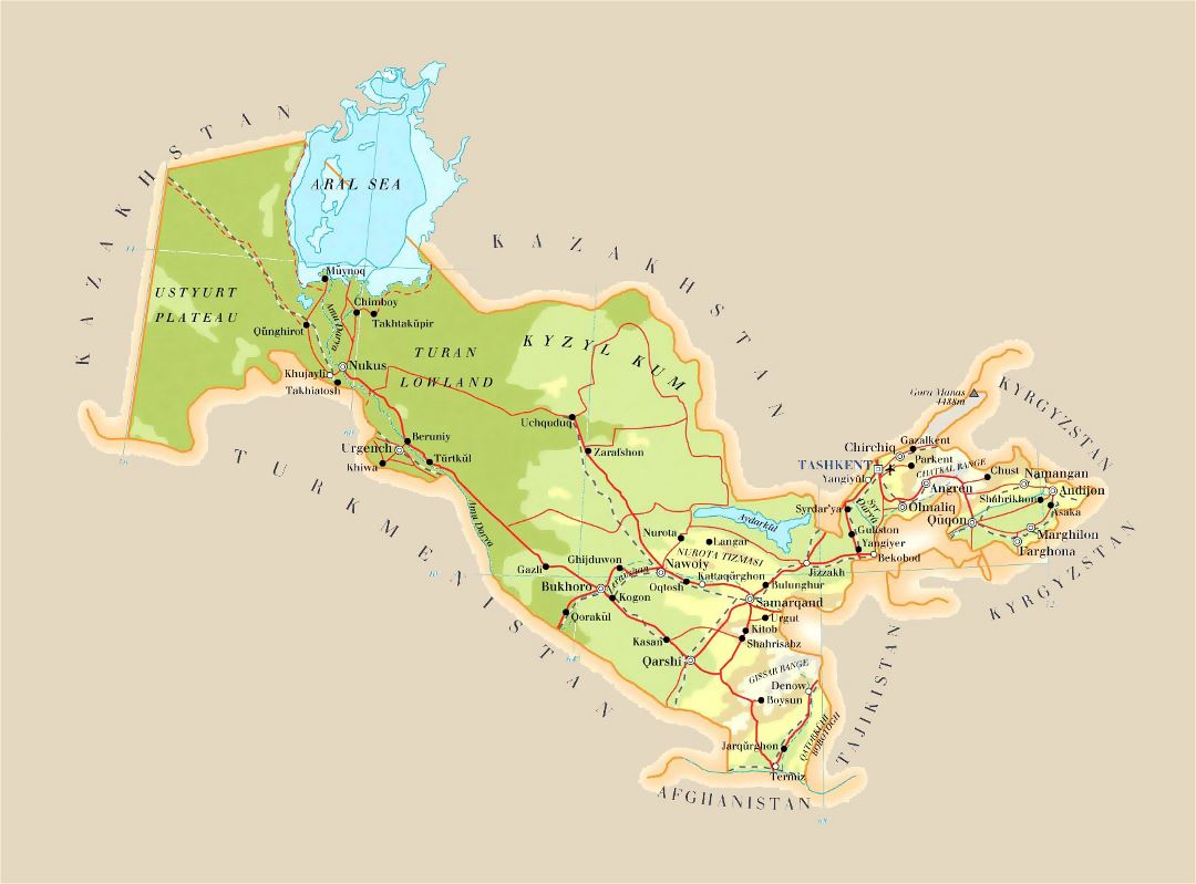 Large elevation map of Uzbekistan with roads, railroads, cities and airports